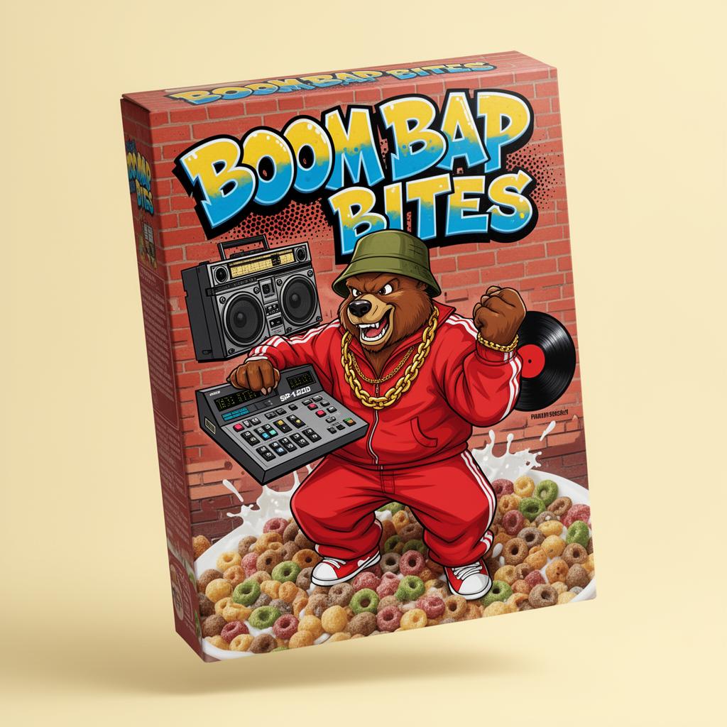 Boom Bap Bites cereal box featuring mascot DJ Grizz