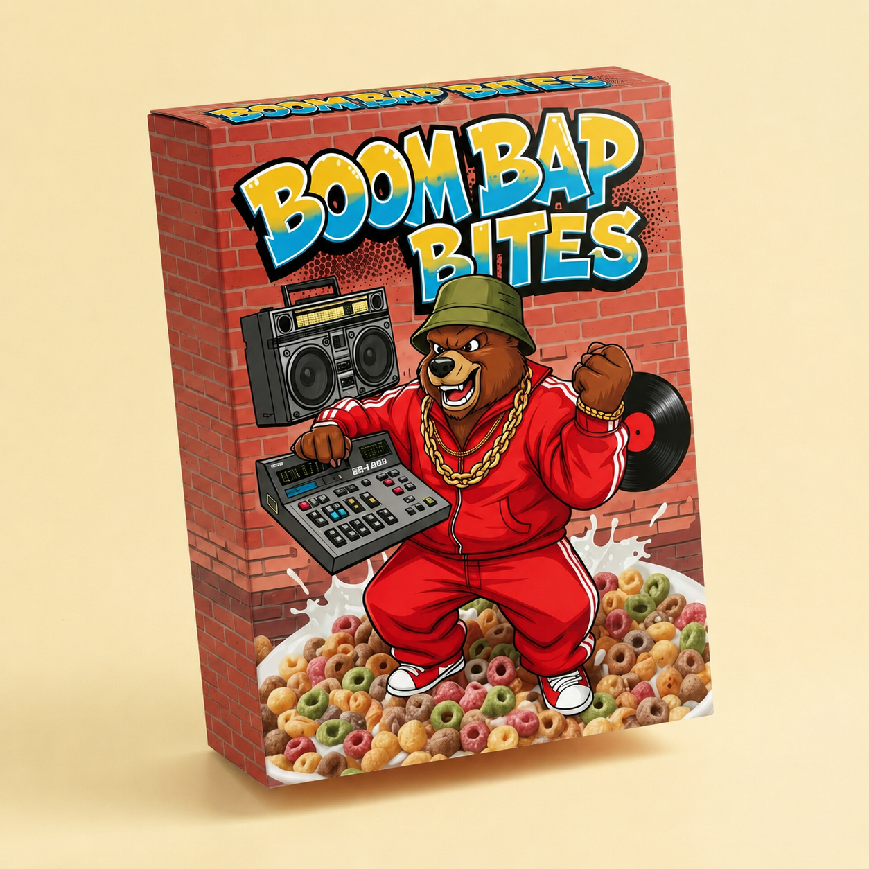 Boom Bap Bites cereal box featuring mascot DJ Grizz